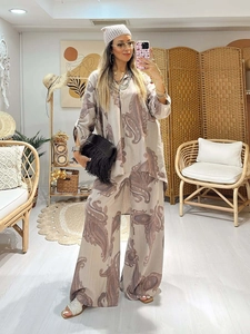 Women Bohemian Floral Paisley Printed Polyester Linen Blend Top And Bottom Shirt And Wide Leg Drawstring Pants Casual Set