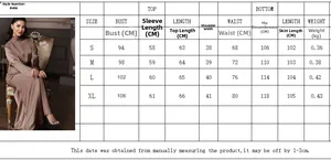 Detailed size chart for satin long sleeve top and elegant maxi skirt set S-XL