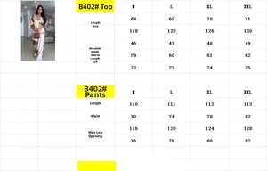 Detailed size chart for women's printed shirt and wide-leg pants set in M to XXL sizes