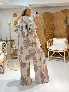 Women's paisley print linen set with long sleeve shirt and wide-leg trousers