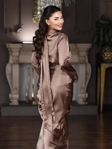 Women's Elegant Brown Satin Finish Top And Bottom Skirt Set High Neck Long Sleeve Backless Top And Maxi Skirt For Banquet Party