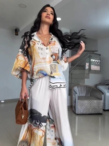 Women's 2025 print loose shirt and wide-leg pants two-piece set in elegant white