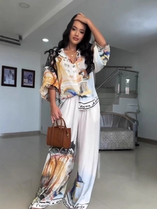 Women's 2-piece set with artistic landscape print shirt and matching wide leg pants