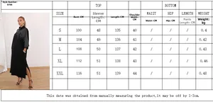 Detailed size guide for black long dress with bust, sleeve, and length measurements