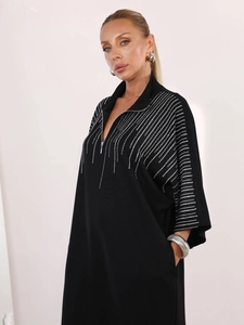 Elegant black maxi dress with rhinestone geometric patterns and a zipper stand collar
