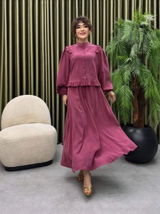 Elegant dark pink long sleeve set with stand collar and ruffle details for women