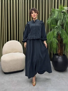 Elegant dark grey long sleeve stand collar top and long skirt two-piece set for women