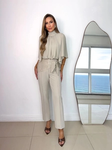 Women Elegant High Neck Pleated Top And Straight Leg Trousers Matching Outfit With Hollow Out Belt Fashion Commuter Style