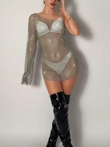 Sexy silbernes Netz-Bodycon-Kleid mit One-Shoulder-Design und glitzernden Strasssteinen