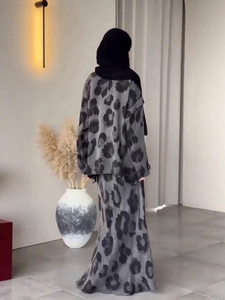 Muslim modest set featuring leopard print long sleeve top and maxi skirt in grey and black