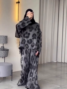 Women's 2-piece grey leopard print modest outfit with long sleeve top and loose trousers