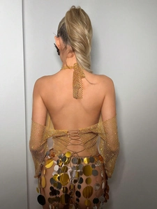 Sparkly gold mesh halter top with criss-cross back and metallic sequin skirt for women
