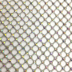 Detail of grey mesh fabric with sparkling AB rhinestones on diamond grid knots