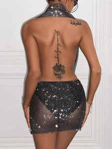 Funkelndes schwarzes Strass-Fischnetz-Minikleid mit Neckholder und rückenfreiem Design