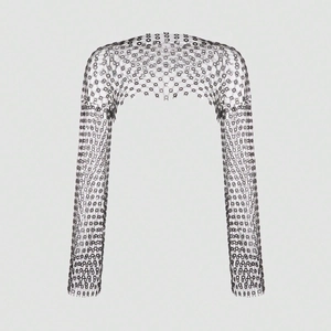 Black hollow out mesh bolero shrug with geometric pattern for music festival outfits