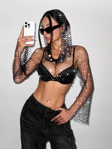 Haut sexy en résille noire avec strass et capuche pour soirée et style festival