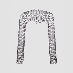 Black hollow floral rhinestone mesh long sleeve top for party festival style fashion