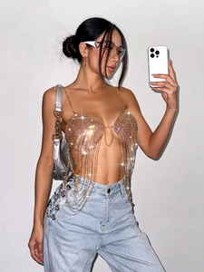 Haut sexy licou en maille métallique à paillettes or champagne avec franges club