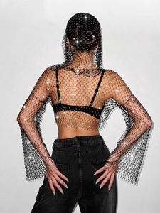 Haut sexy en résille noire avec strass et capuche pour femmes à manches scintillantes