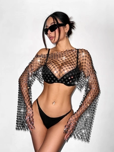 Sexy hollow out mesh crop top with sparkling rhinestones for music festival wear