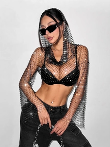 Haut sexy en résille noire à capuche avec strass étincelants pour festivals de musique