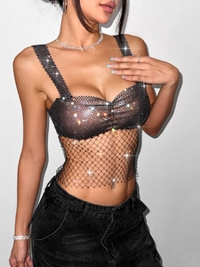 Débardeur sexy en résille noire avec strass pour femmes tenue de festival haut mesh