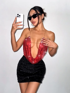 Sexy red sparkling rhinestone halter top with black sequin mini skirt for party