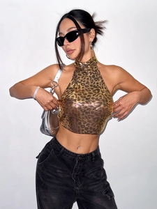 Sexy leopard print halter crop top in gold metallic sequins for music festival outfits