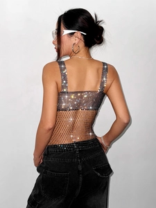 Haut sexy en résille argentée avec strass pour femme, dos nu style festival chic