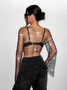 Sexy hollow mesh bolero top with floral rhinestone embellishments for party wear