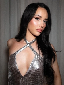 Silver chainmail halter top with crisscross neck and metallic sequins for clubwear