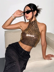 Sexy leopard print sequin halter top for women with metallic mesh and party festival style