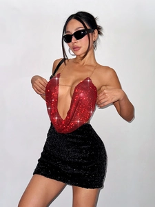 Sexy red rhinestone halter top and black sequin mini skirt set for music parties