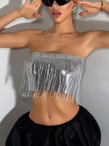 Haut tube sexy à paillettes argentées et franges métalliques pour festivals et fêtes
