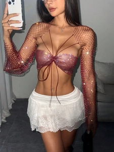 Sexy red fishnet halter top with rhinestones and white lace mini skirt outfit