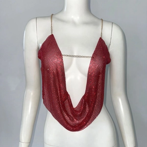 Detail of red rhinestone mesh crop top with deep V-neck and delicate gold neck chains
