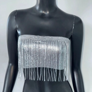 Détail d'un bustier à paillettes argentées avec franges métalliques pour des soirées