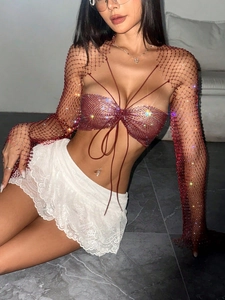 Sexy red rhinestone mesh long sleeve top and white lace mini skirt set for party
