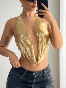 Haut licou sexy en paillettes dorées avec décolleté en V pour soirées et festivals