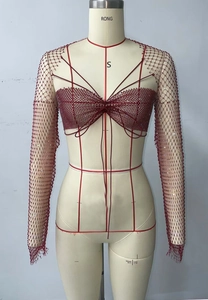 Detail of burgundy mesh crop top featuring sparkling sequins and front tie design