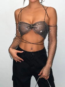 Sexy rhinestone fishnet halter top with matching sleeves for party and clubwear outfit
