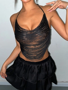 Sexy schwarzes Neckholder-Oberteil mit Fransen und mehrlagigem Minirock-Set