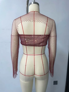 Close-up of red rhinestone fishnet crop top showing back hollow-out detail on mannequin
