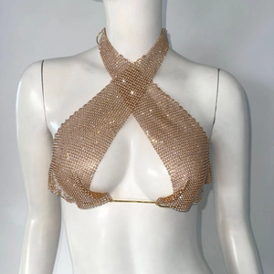 Detailed view of sexy gold halter neck body chain top with shimmering white rhinestones