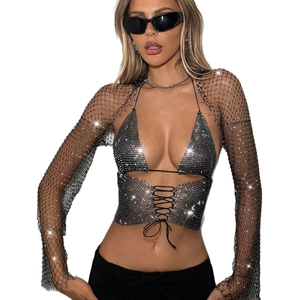 Ensemble 3 pièces résille strass avec haut licou et haut à manches longues en maille pailletée
