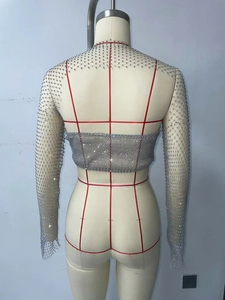 Macro detail of sexy silver mesh top featuring dense sparkling rhinestones and open back design