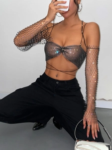Sparkly black rhinestone mesh halter top with matching sleeves for party style