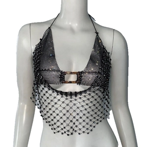 Haut licou sexy en résille noire avec strass pour festivals de musique et soirées