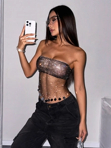 Sexy silver sequin fishnet crop top with metallic fringe and black mesh detail
