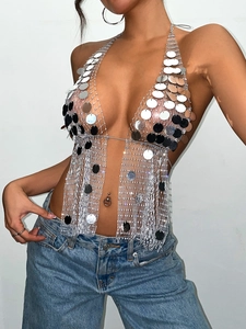 Haut licou sexy à paillettes argentées et résille pour fête et festival de musique